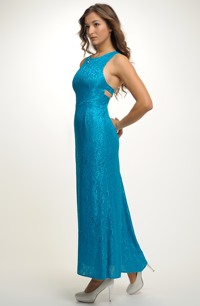 Dlouhé dámské společenské plesové šaty v tyrkysové barvě