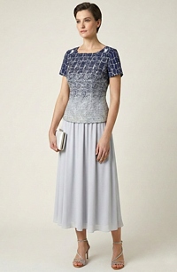 Dvoudílné šaty - komplet na svatbu v šedomodré barvě