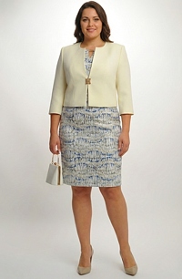 Elegantní pouzdrové šaty s kabátkem pro plnoštíhlé vhodné na svatbu